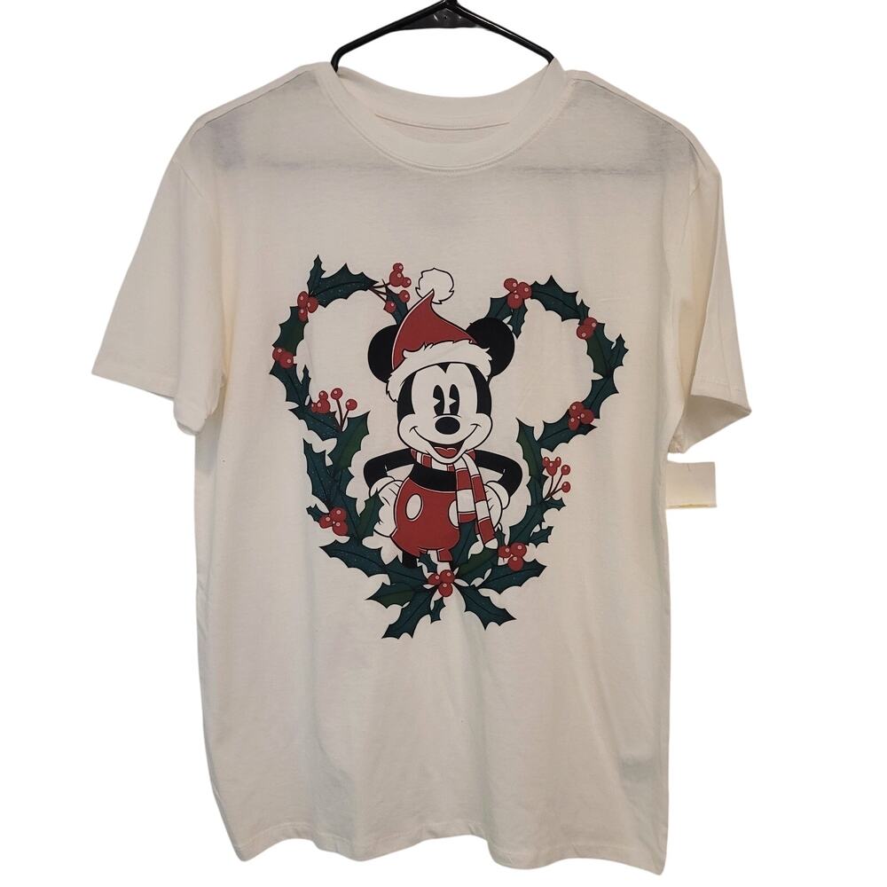 Disney Mickey Mouse Christmas Wreath T-Shirt White Holiday Tee Size Small